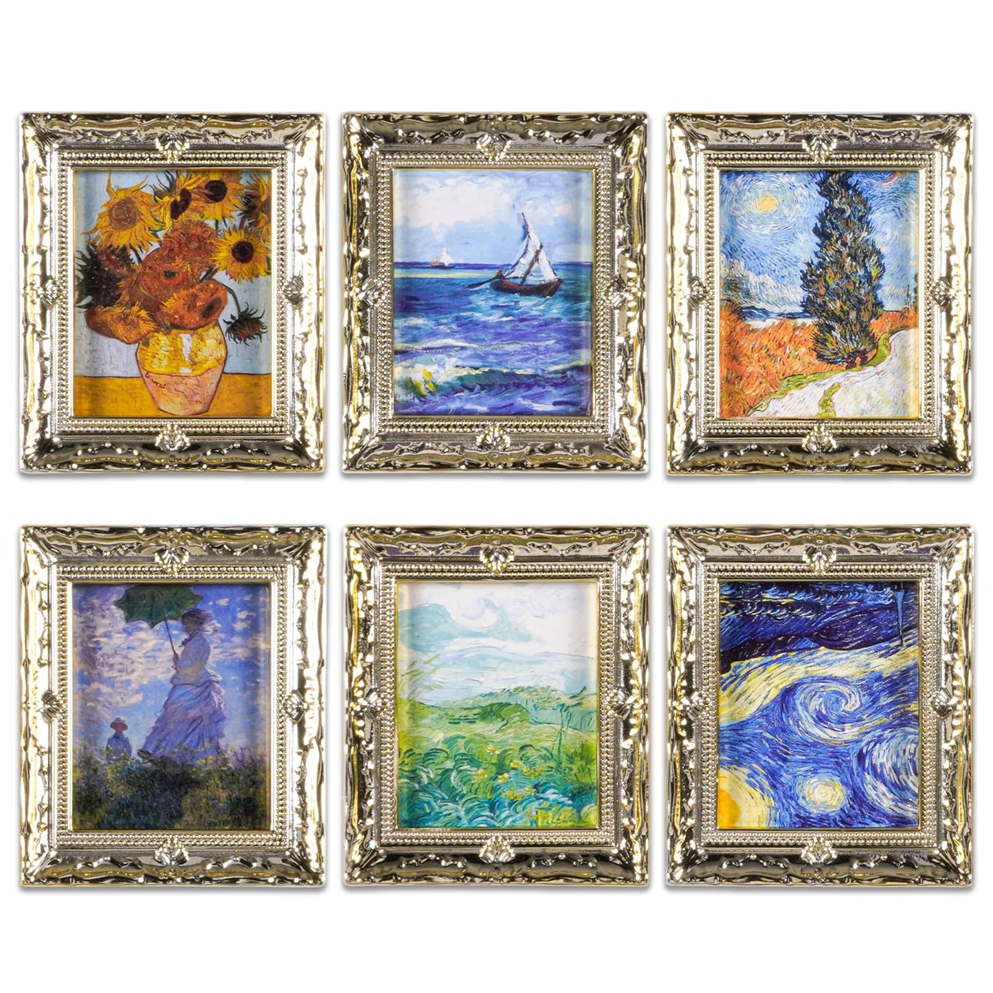 JHGCVX Miniature Dollhouse Accessories for Dollhouse Furniture on 1:12 Scale, Dollhouse Picture Frame for Miniature Home Wall Decoration Mural Model Accessories(6 Frames & Impressionist Pictures)