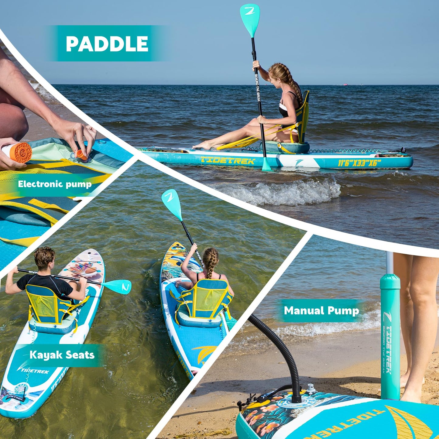 TIDETREK 11'/11'6" x 33"/34" x 6" Inflatable SUP Paddle Board – Extra-Wide, Stable Stand Up Paddle Board with Premium Full Accessory Set for Adults & Youth (Azure Leap/Kayak Seat, 11'6"x33"x6")