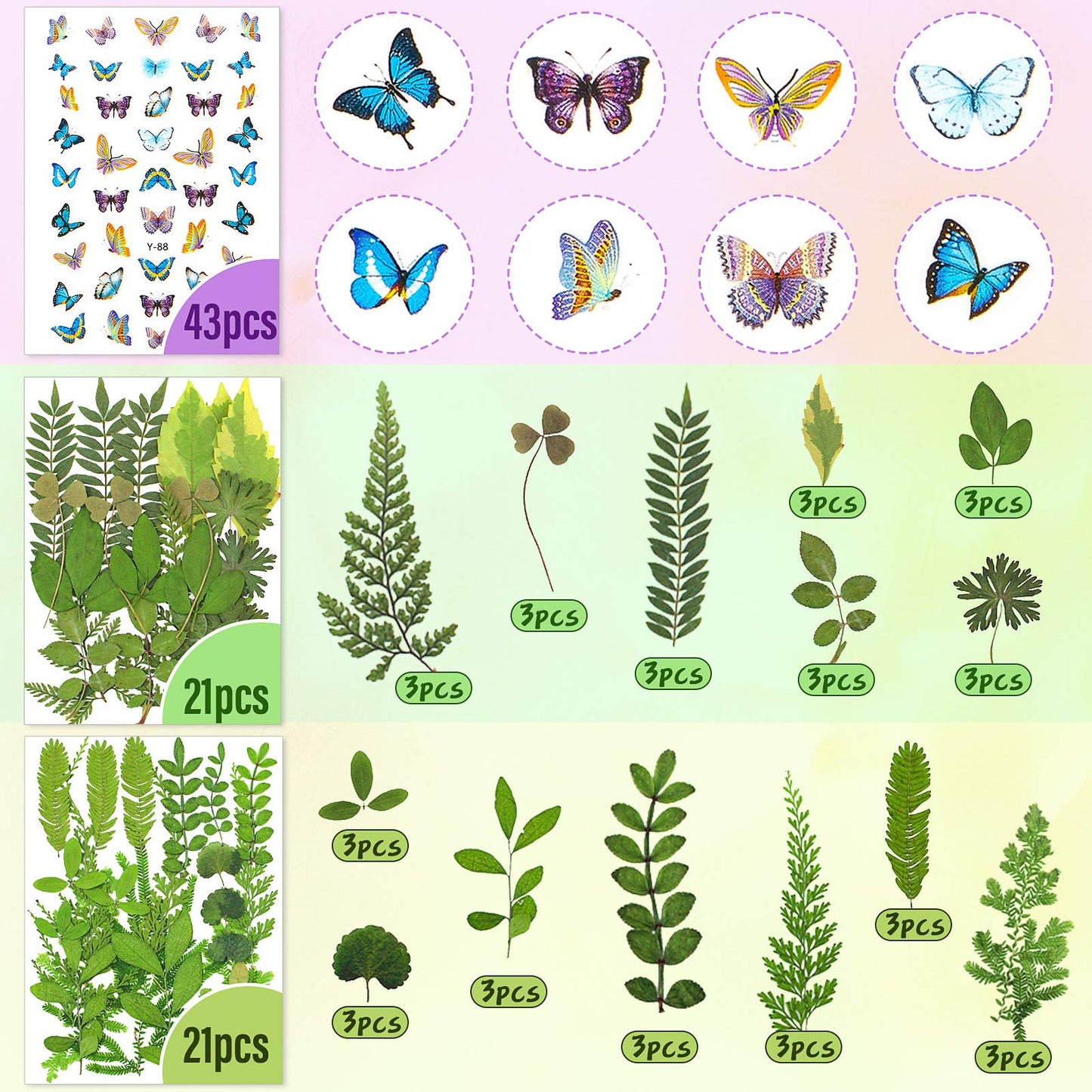 Nuanchu 223 Pcs Real Dried Pressed Flowers for Crafts Natural Dried Leaves and Butterfly Stickers Set Colorful Daisy Flowers and Adhesive Butterfly Decals for DIY Resin Jewelry Nail Crafts Floral Art
