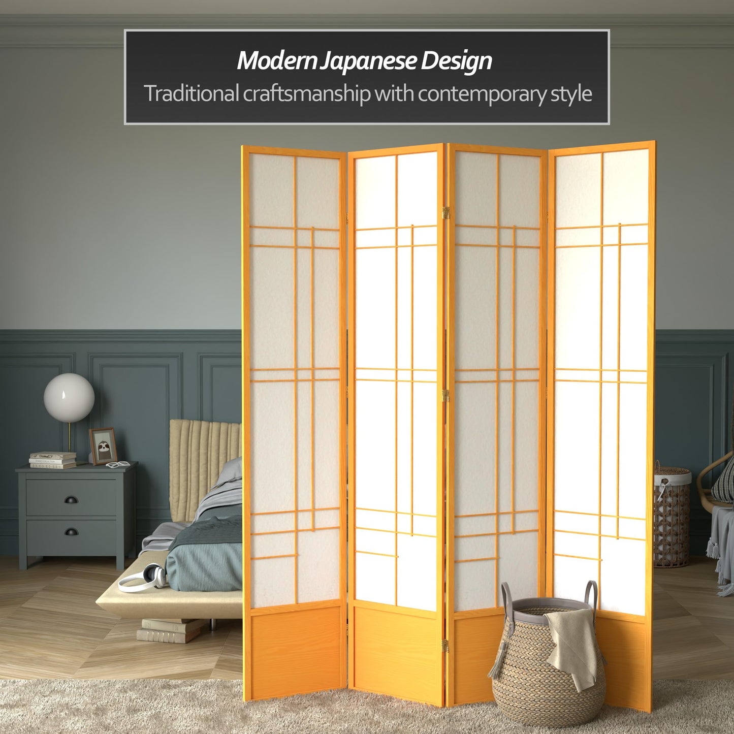 Red Lantern 7 ft. Tall Eudes Shoji Screen - Honey - 4 Panels
