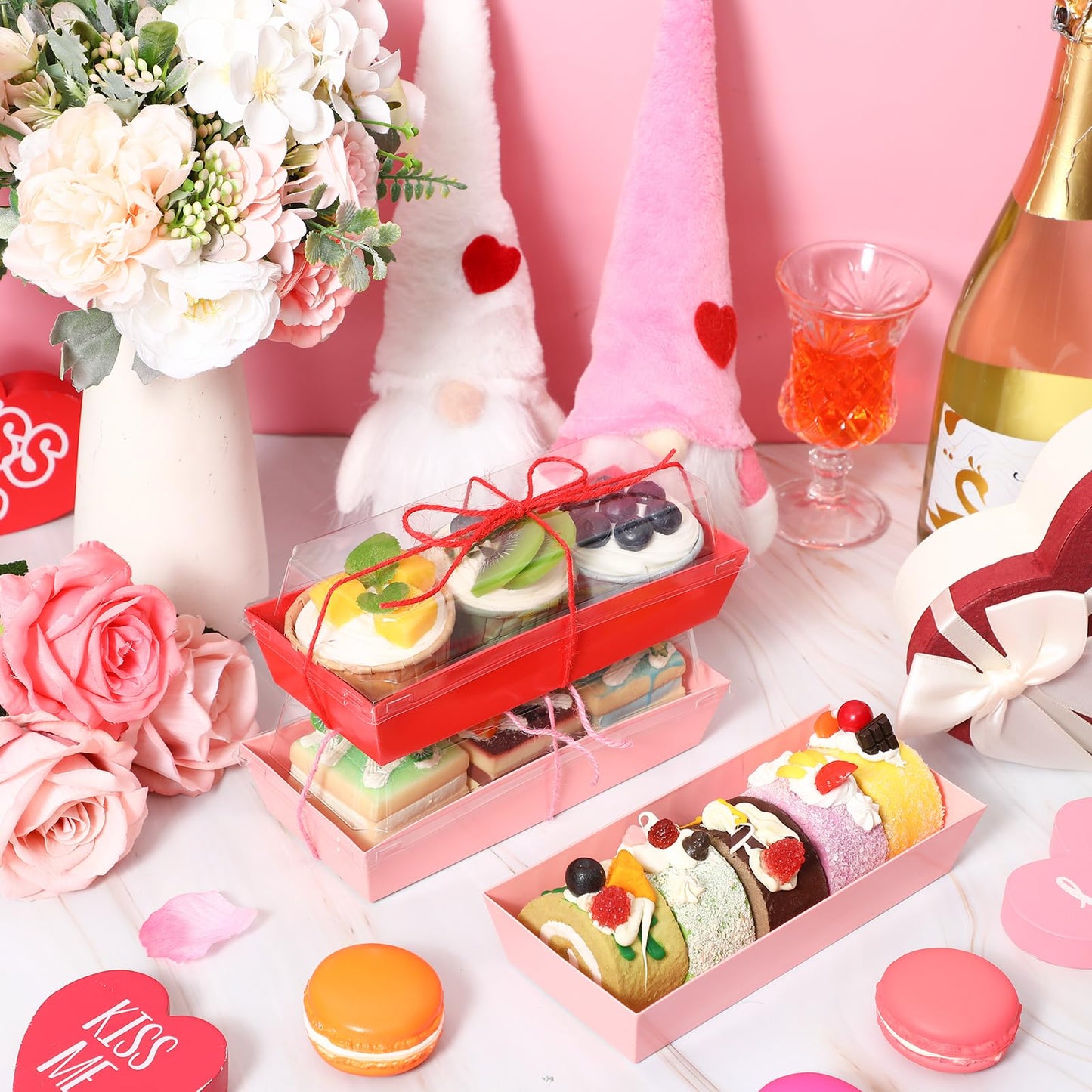 Layhit Valentines Charcuterie Boxes with Clear Lids and Rope Valentine's Day Rectangle Cookie Boxes Pink Red Disposable Dessert Containers for Wedding Anniversary Party Favor Cake Sandwich(50 Sets)