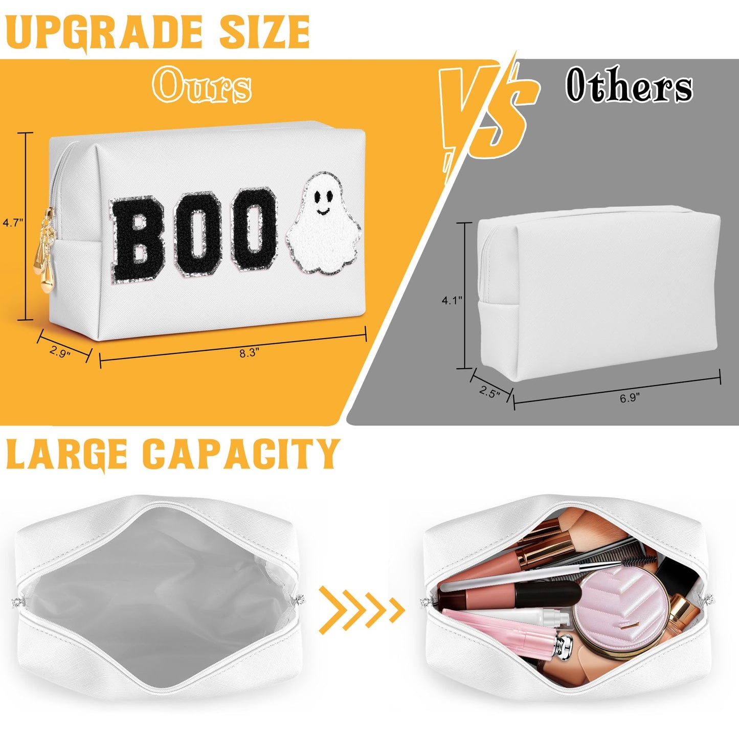 Dripkiaa Halloween Makeup Bag Chenille Patch Travel Cosmetic Bag Organizer Large Capacity Toiletry Bag Make Up Bags Cosmetic Pouch, Boo Basket Gifts for Women, Girls - White