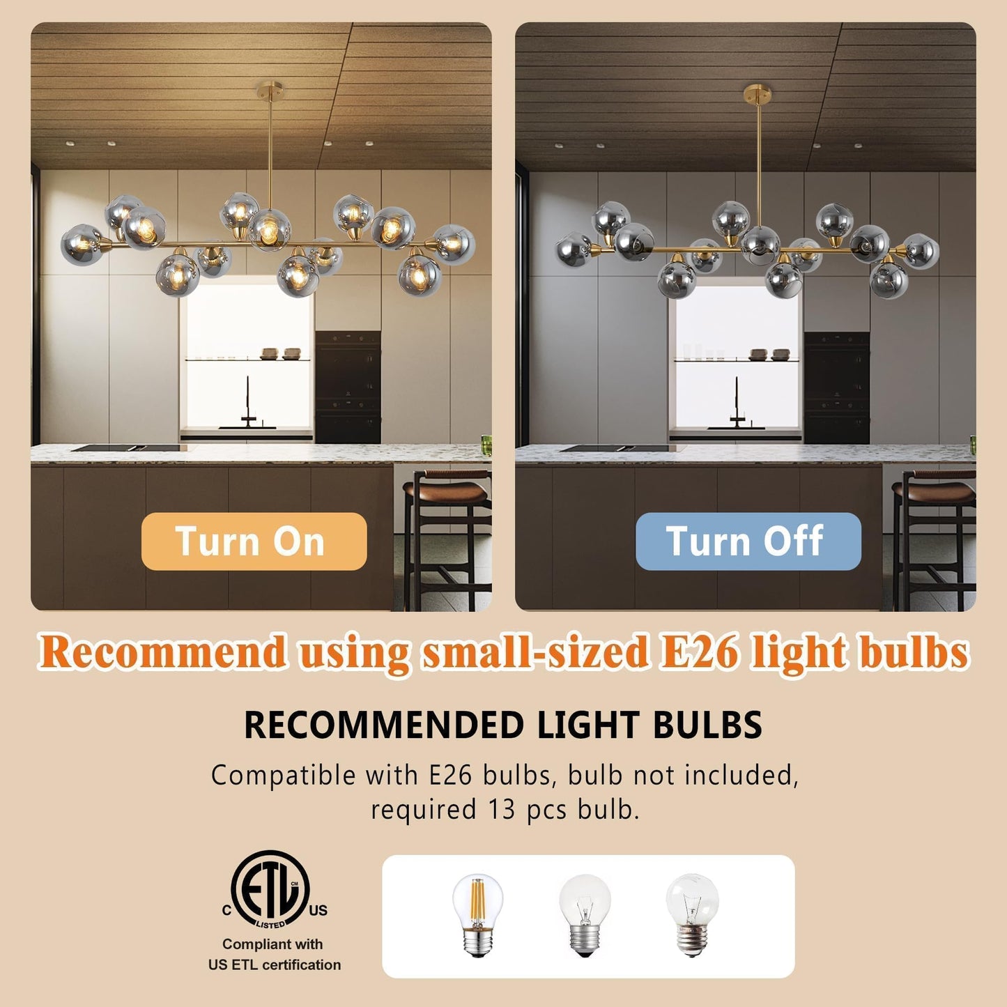 Lzawvm Linear Chandeliers Dining Room Gold Sputnik Chandelier 13-Lights Modern Glass Globe Chandelier 59 Inch 13 Lights Linear Dining Room Light Fixture