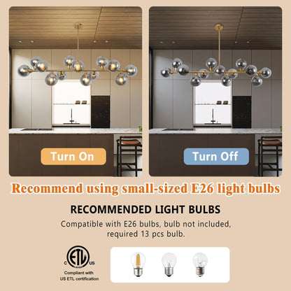Lzawvm Linear Chandeliers Dining Room Gold Sputnik Chandelier 13-Lights Modern Glass Globe Chandelier 59 Inch 13 Lights Linear Dining Room Light Fixture