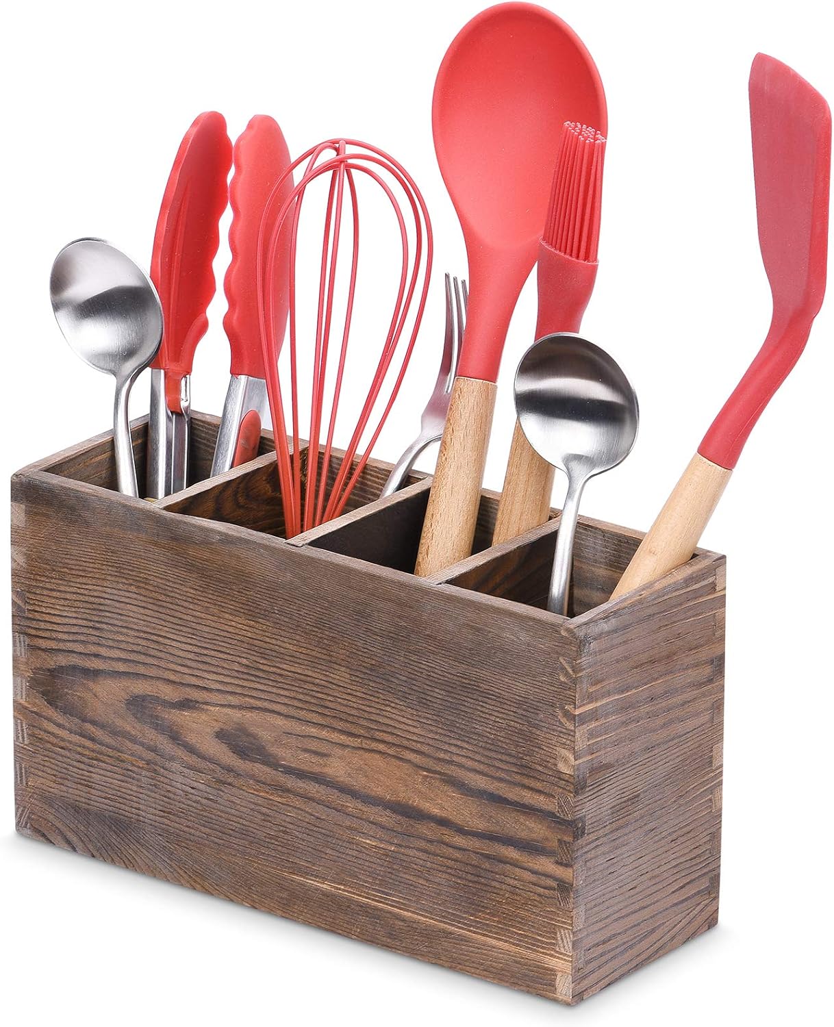 WuGeShop 4 Compartment Wooden Utensil Holder, Kitchen Countertop Organizer for Cooking Tools Storage