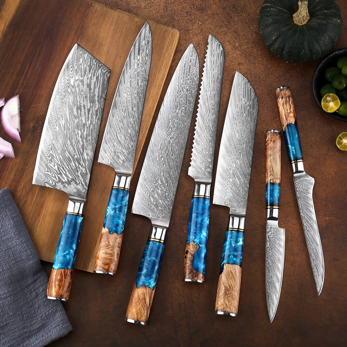 SENKEN 15-Piece Damascus Knife Block Set - "Tsunami" Collection Japanese Chef Knife Set - 67-Layer Japanese VG10 Steel Blades, Includes Chef Knife, Cleaver, 6 Steak Knives (Blue)