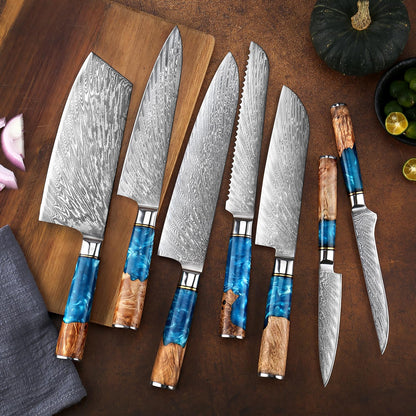 SENKEN 15-Piece Damascus Knife Block Set - "Tsunami" Collection Japanese Chef Knife Set - 67-Layer Japanese VG10 Steel Blades, Includes Chef Knife, Cleaver, 6 Steak Knives (Blue)