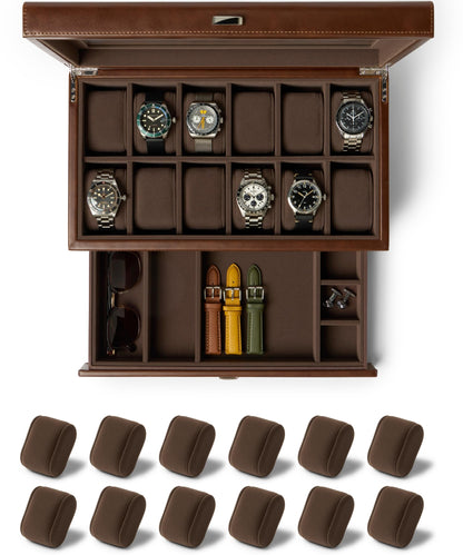 TAWBURY Bayswater 12 Slot Watch Box with Drawer (Brown) with a Set of 12 Small Pillows to Fit 6.6-7.1" Wrists