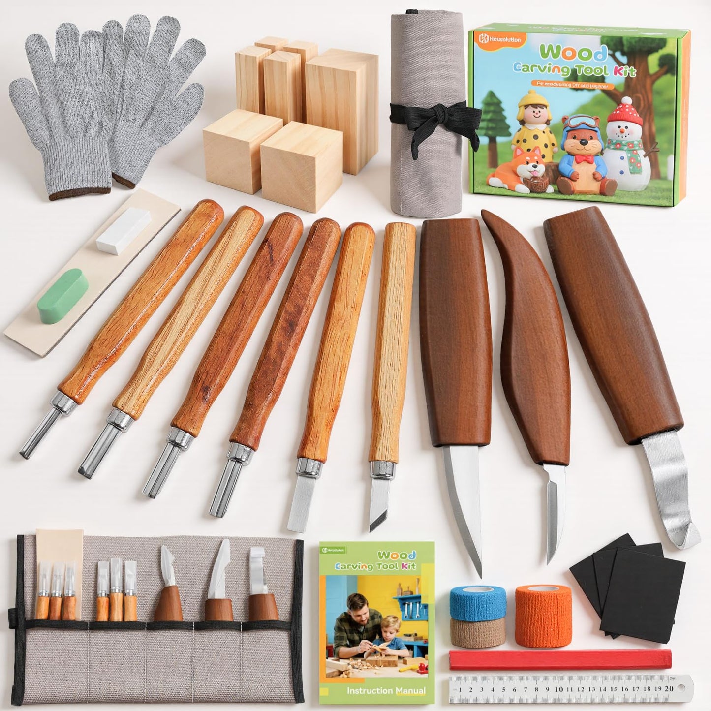 Housolution Wood Carving Kit with Carrying Bag, 29PCS Wood Carving Tools Whittling Kit Includes Carving Knives Carving Chisels Basswood Blocks Gloves, Woodworking Tools for Beginners DIY Hobbies, Gray