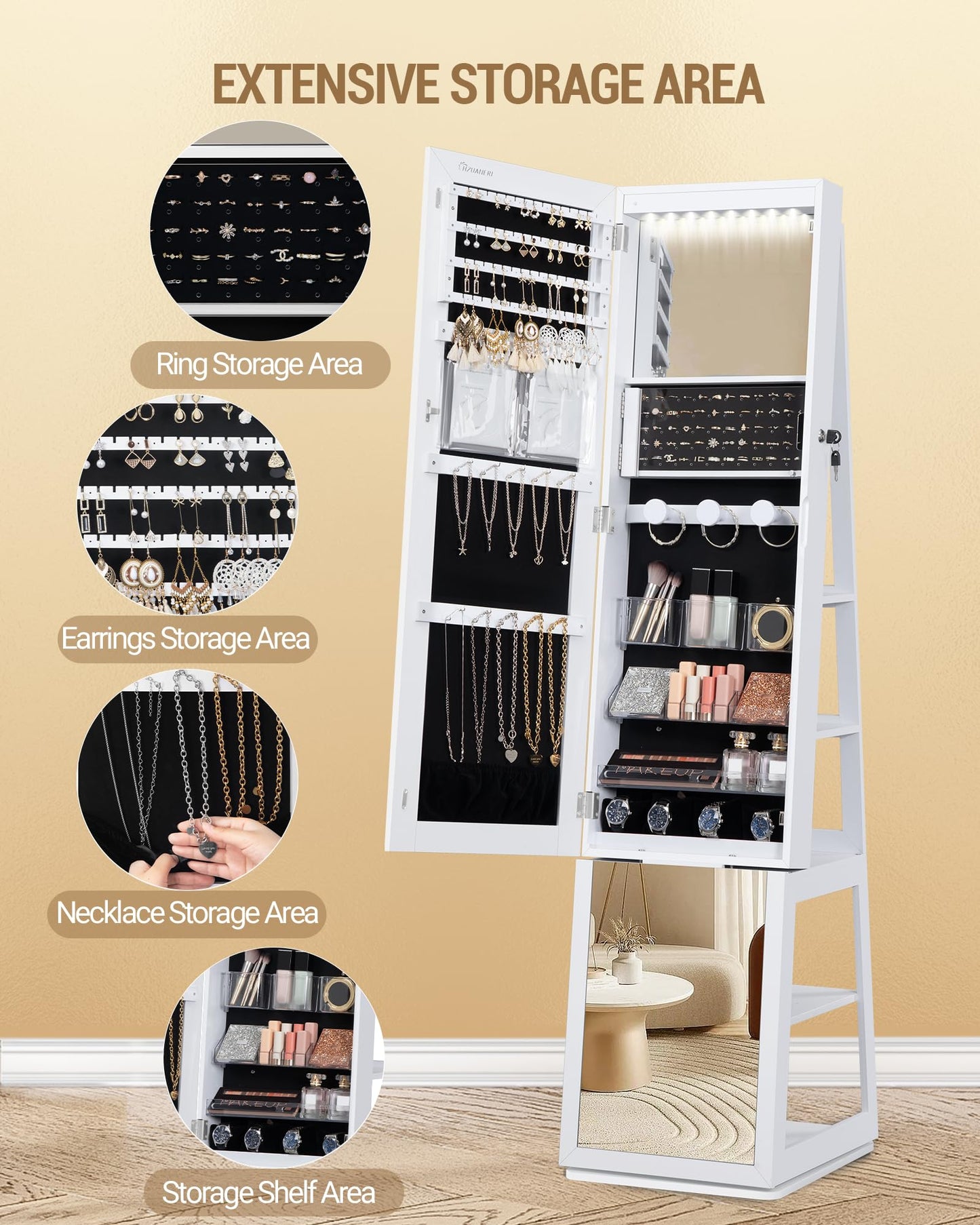 Hzuaneri 8 LEDs Jewelry Cabinet Armoire JC17003BJC15903B