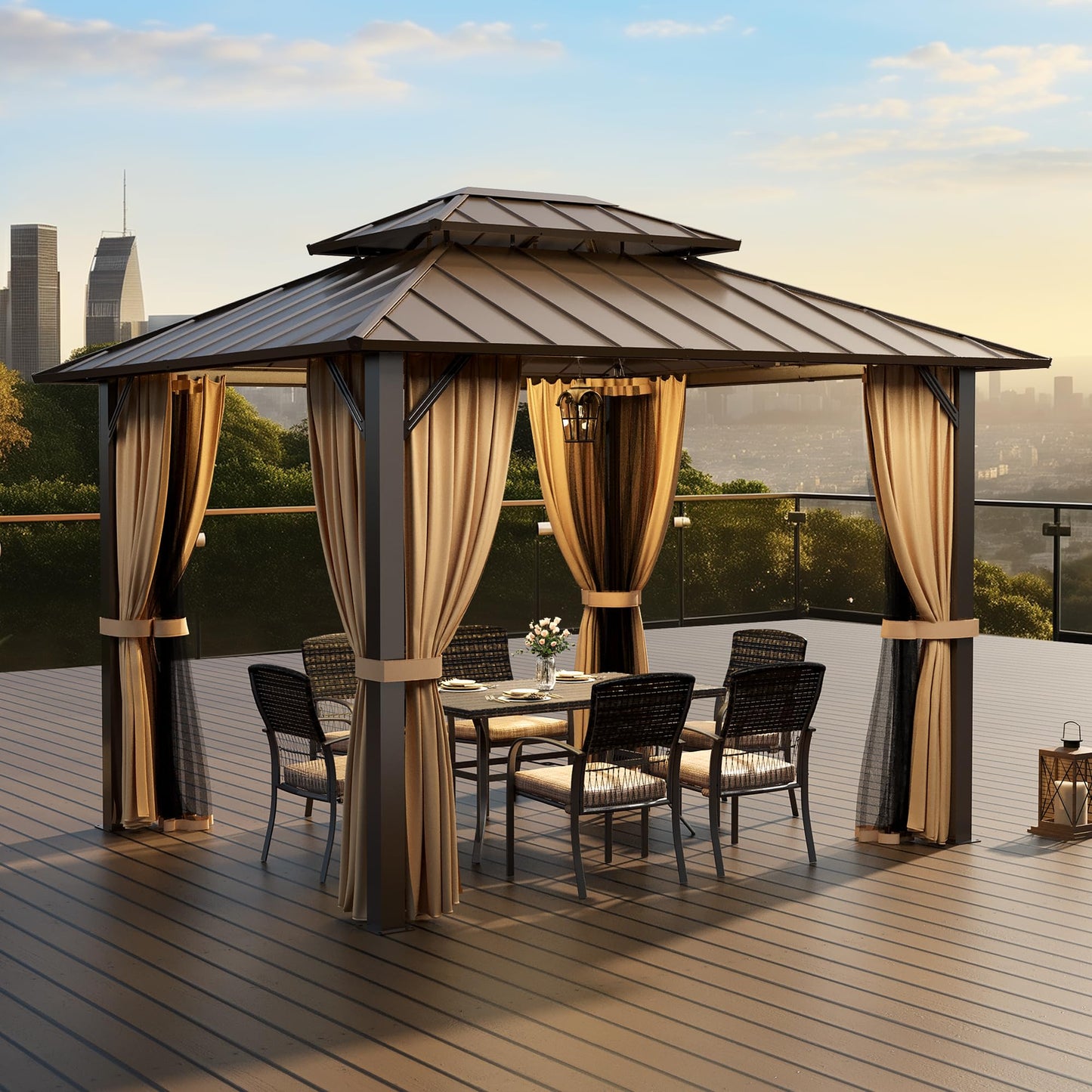 PAMAPIC 10x12FT Hardtop Gazebo,Galvanized Steel Double Roof with Aluminum Frame,Outdoor Permanent Pavilion with Breathable Netting & Privacy Curtain for Patio,Backyard,Deck,Lawn,Brown