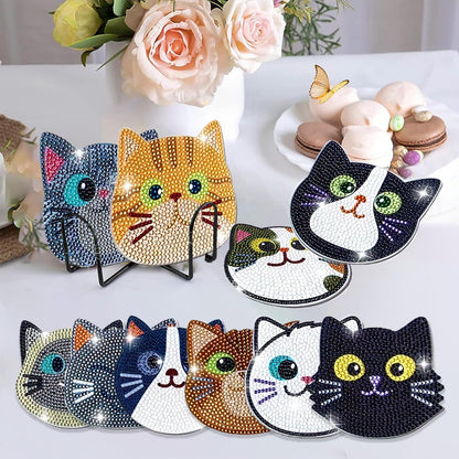 ACSAUMMY 10pcs Diamond Art Coasters Kits Cat Diamond Painting Coasters Kits with Holder Cork Pads Board DIY Cute Cat Diamond Set for Adults Beginners Crafts Supplies Gift Arts Room Dector