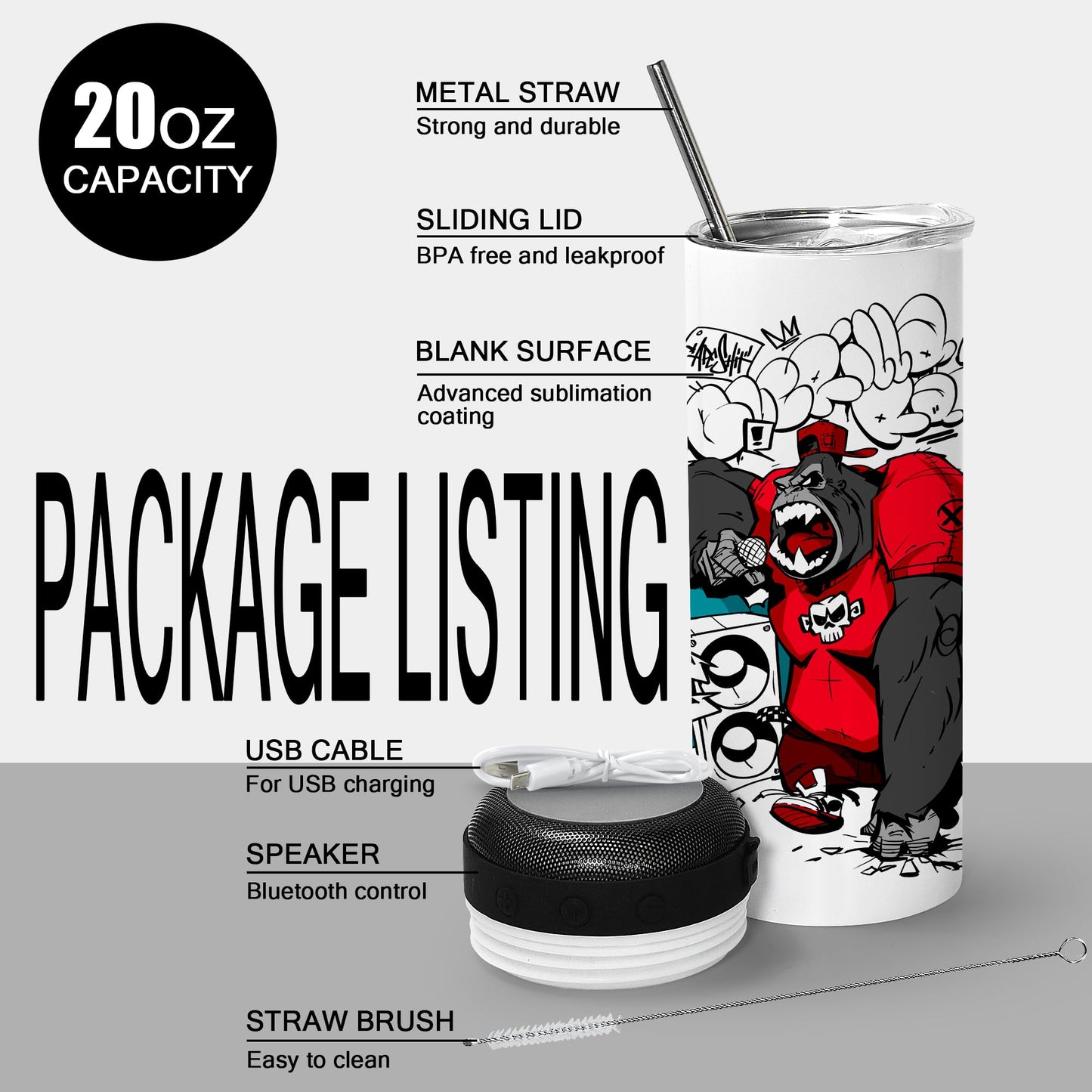 sweet grain Music Speaker Tumbler(4Pack) - Sublimation Tumbler 20 oz Skinny Straight with Speaker, Straw & USB Charging Cable, Sublimation Speaker Cups - Black