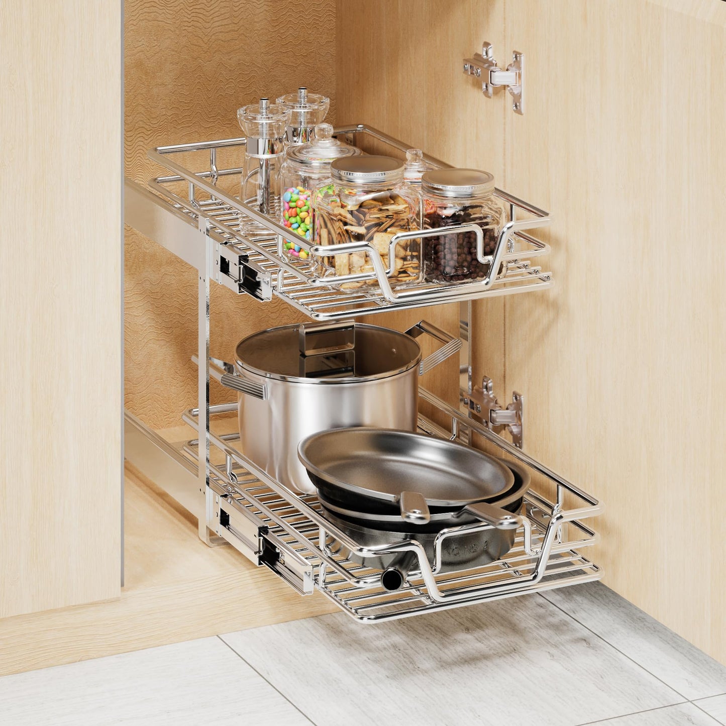 QUYUWU 2-Tier Kitchen Cabinet,Pull Out Cabinet Organizer,Shelf and Drawer Organizer Slide Out Pantry Storaqe Basket in Multiple Sizes (12" W x21 D)