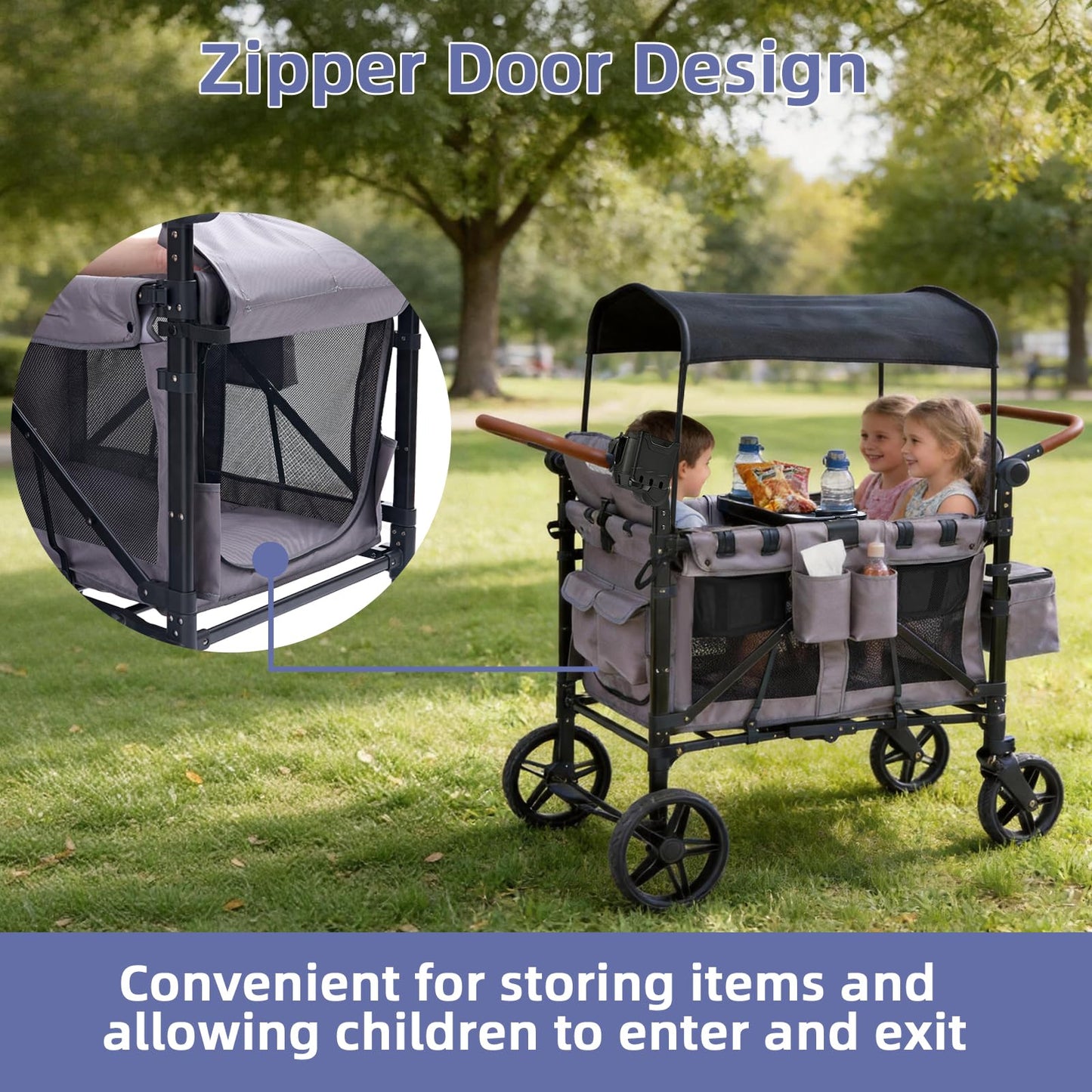 Stroller Wagon for 4 Kids, 4 Seater Wagon Stroller with Snack Tray, Large Storage Bag, Phone Cup Holder, Removable Canopy, Foldable Wagon Stroller 4 Seater with Adjustable Push Handles (Grey)