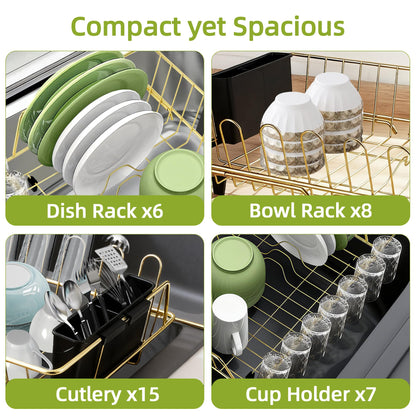 HAYAWEY Golden Expandable Dish Drying Rack with Silicone Drying Mat-Extra Large Stainless Steel Dish Drainer Over The Sink with Utensil Holder, Applicable for Sink Width 16'-22' (Gold,23.2'*12.2')