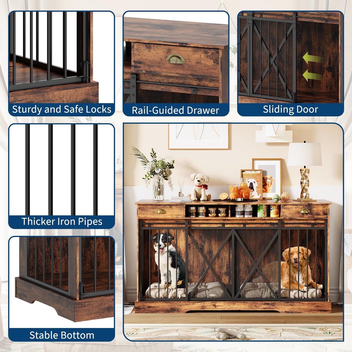 Garvee Double Dog Crate with Removable Divider, 63'' Extra Large Dog Cage Furniture with Sliding Doors & 2 Drawers, Multifunctional Indoor Pet House TV Stand for 2 Pets