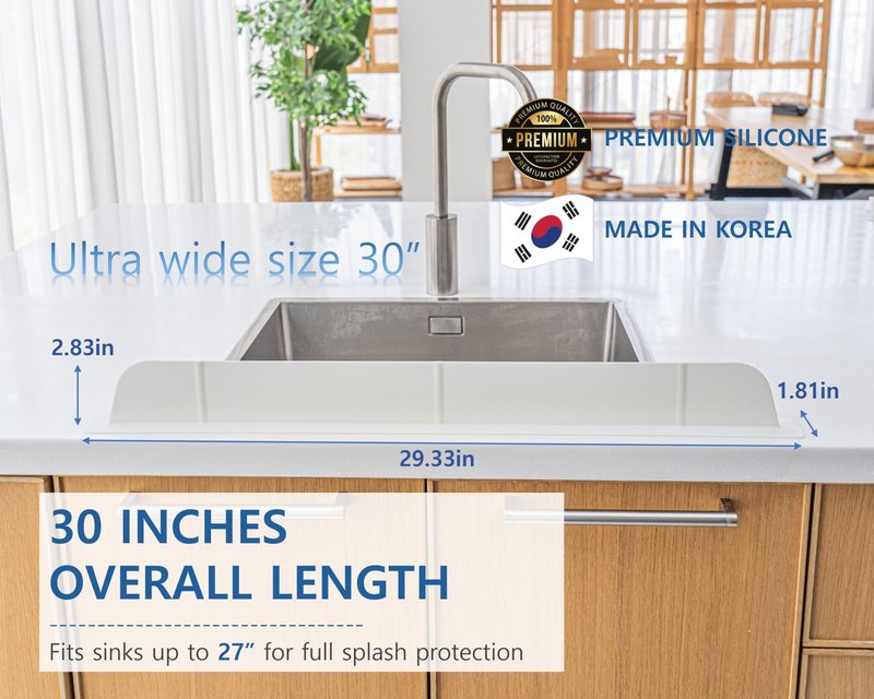 30 inch(75cm) Premium Kitchen Sink Silicone Water Splash Guard Size Upgrade 30" and new Package - NO Suction Cups, Ultra Wide 30" - Made in Korea (Ultra Wide Eco White)