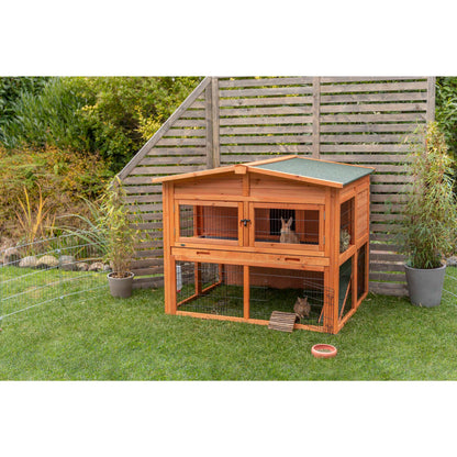 TRIXIE natura Outdoor Deluxe Rabbit Hutch with Run - Large 2-Story Rabbit Cage with Non-Slip Ramp - Elevated Small Animal House with Secure Playpen, Hinged Roof & Two Pull-Out Trays - in Natural