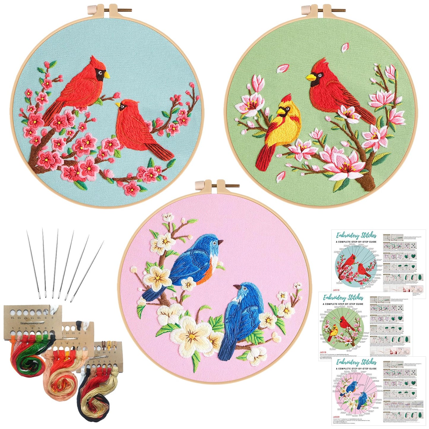 Nuberlic 3 Pack Embroidery Kit for Beginner Adults, Cross Stitch Set with Cardinal & Blue Bird Patterns, Includes Cloth, Hoops, Threads, Needles, Instructions