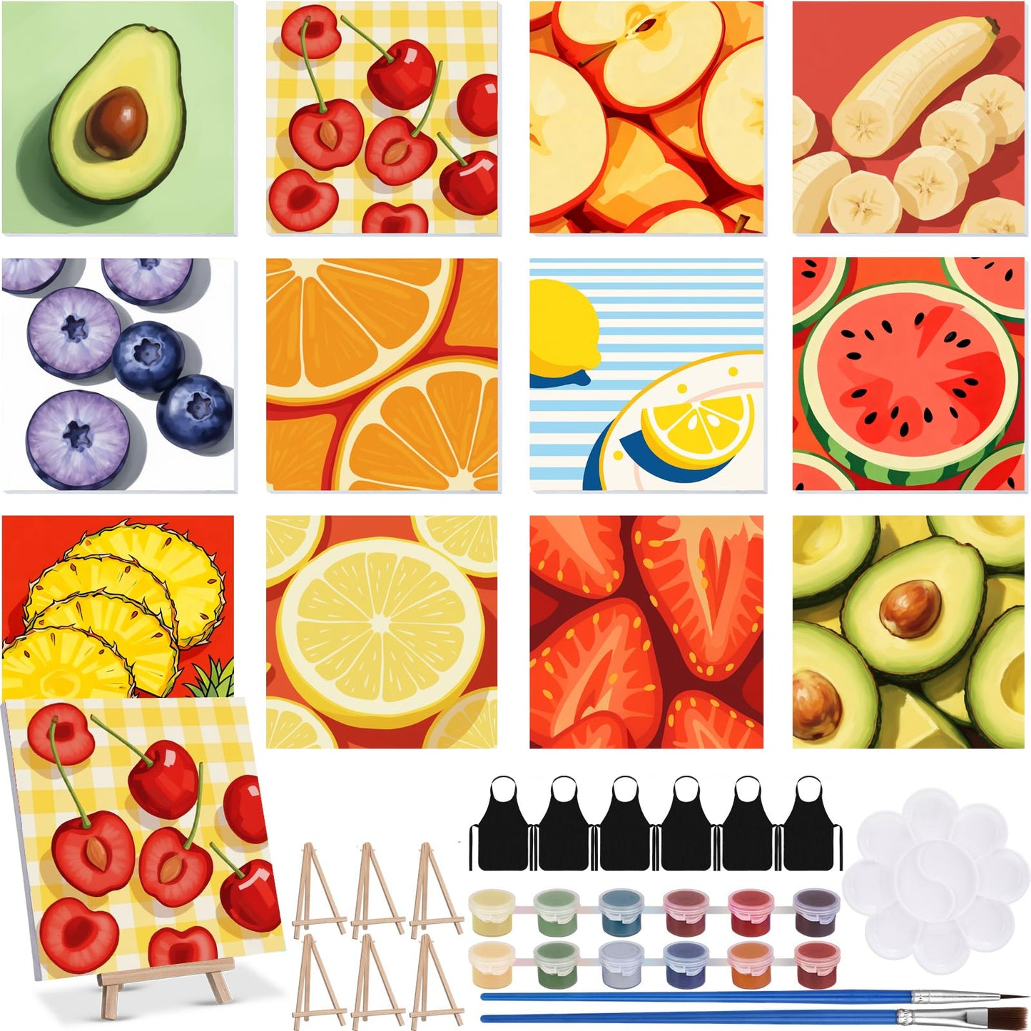 MotiMind 12 Sets Fruit Framed Paint by Number Kit for Adults with 12 Wooden Easels, 12 Disposable Apron, 12 Pigment 12 Brush, 12 Palette, DIY Acrylic Paint by Number Kits for Party