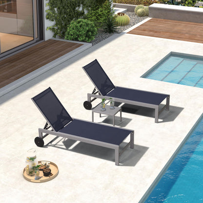 PURPLE LEAF Outdoor Lounge Chair Set for 2 Patio Chaise Lounger with Aluminum Frame and Easy-to-Move Wheels All-Weather Pool Lounge Chairs for Outside Garden Yard Poolside Table Included, Navy Blue