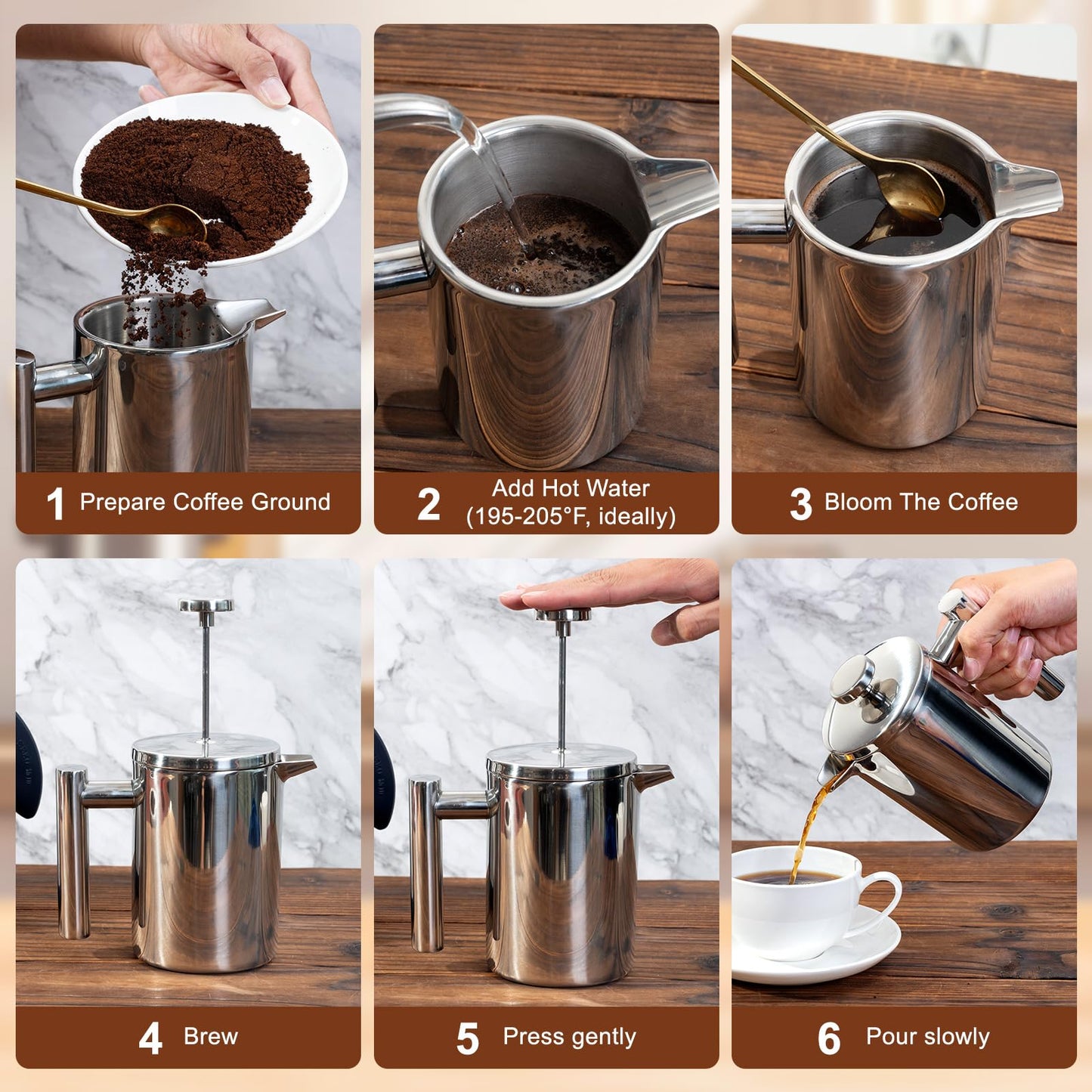 FrutPunch French Press Coffee Maker with Scale, 304 Stainless Steel French Press, 17OZ, Double-Wall Insulated, Food Grade, Suitable for Kitchen and Travel Camping
