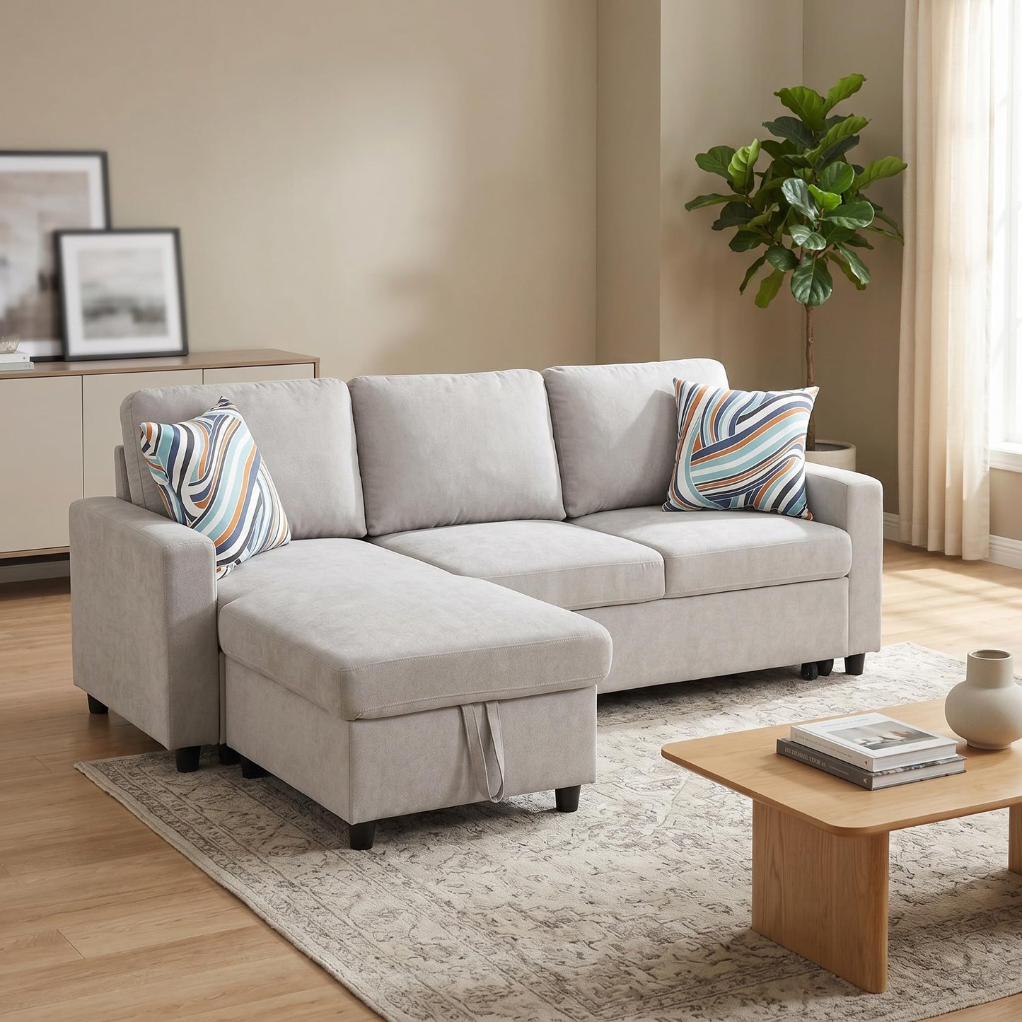 Trygoal Pull Out Couch, L Shaped Sectional Couch with Pull Out Bed, Convertible Sofa Bed with Storage Chaise, Queen Size Sleeper Sofa, Sofa Bed Couch, Sleeper Sofa with Storage, Gray