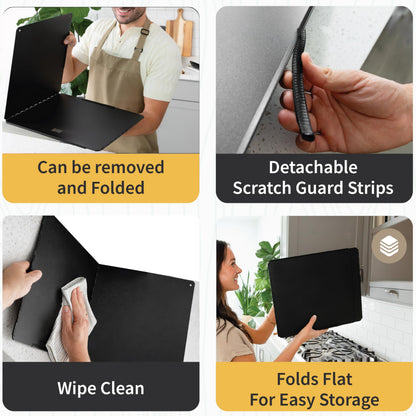 Foldable, Nonstick, Grease Splatter Guard for Stove Top by Baetle– Heavy-Duty Stainless Steel Oil Splash Shield, Premium Black Style, 29.5" Wide Back Panel, 13.6" Deep–with Spoon Rest