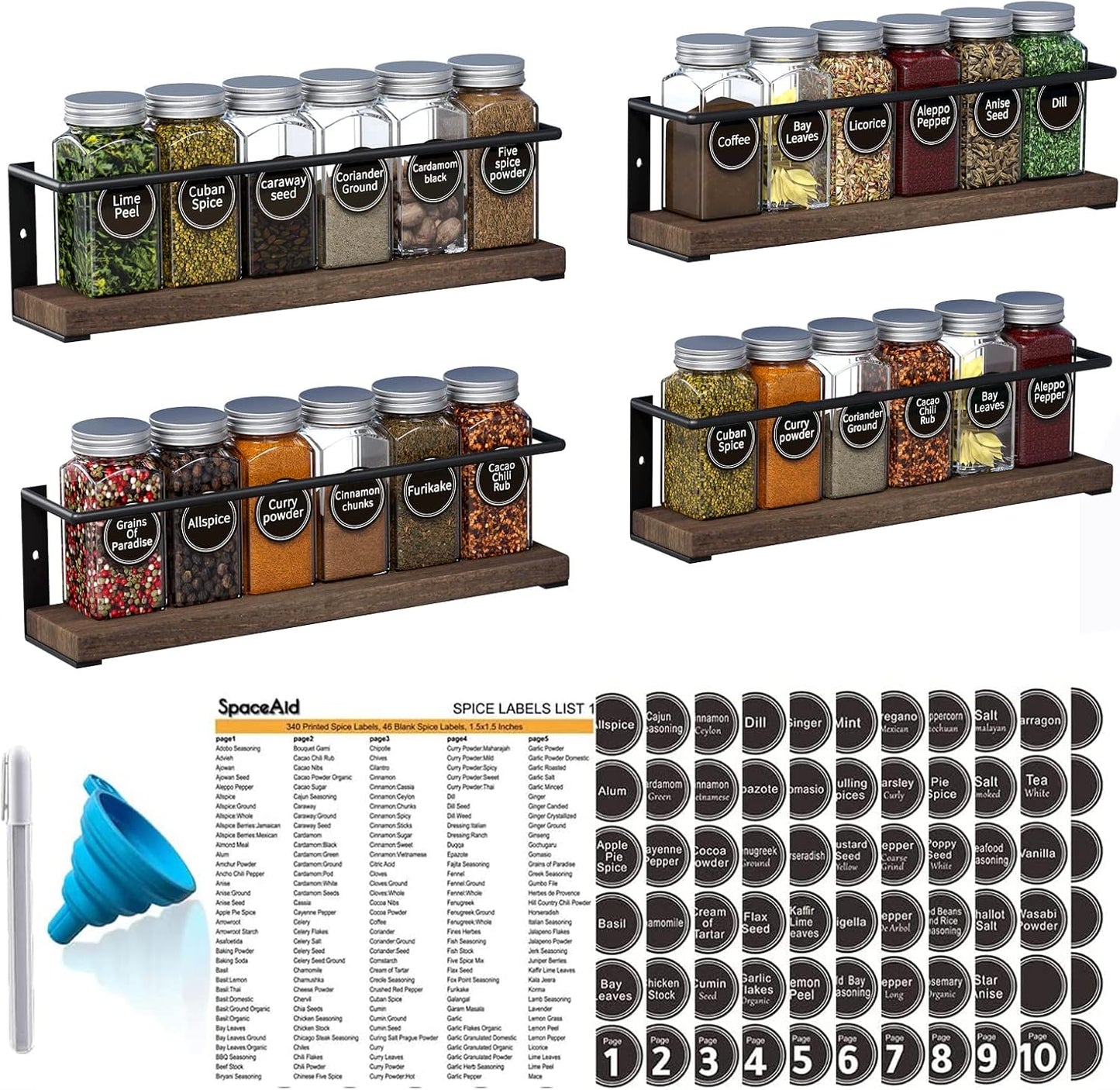 24 386 (4 Pack) SpaceAid Spice Rack with Spice Jars, Spice Labels, Chalk Marker and Funnel, Wood Hanging Seasoning