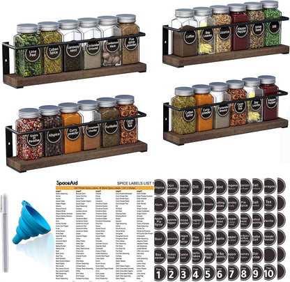 24 386 (4 Pack) SpaceAid Spice Rack with Spice Jars, Spice Labels, Chalk Marker and Funnel, Wood Hanging Seasoning