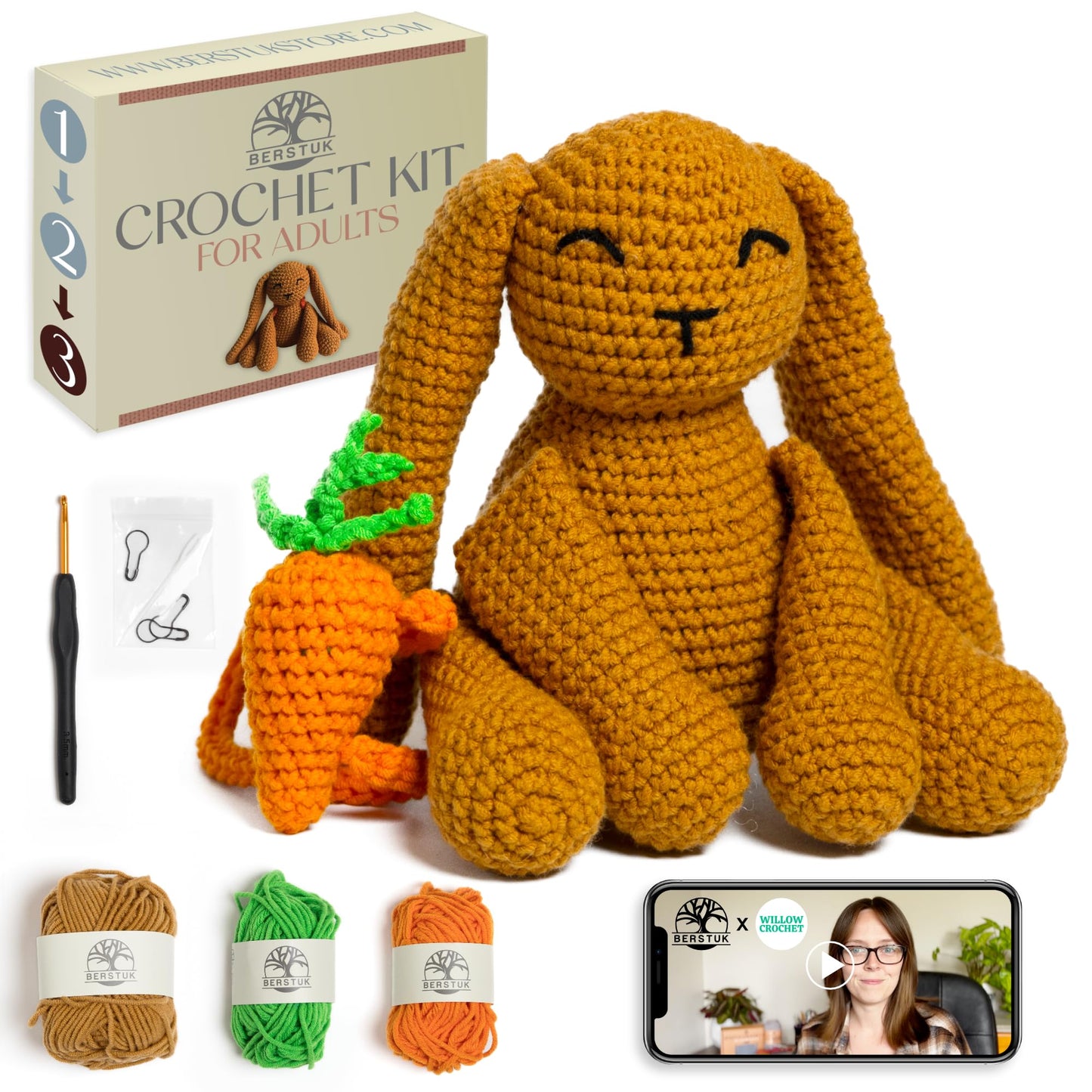 Berstuk Level 3 Intermediate Crochet Kit for Adults – Amigurumi Bunny Crochet Kit with Video Tutorials – Complete Crochet Animal Kit with Tools & Stuffing – Learn to Crochet Stuffed Animals
