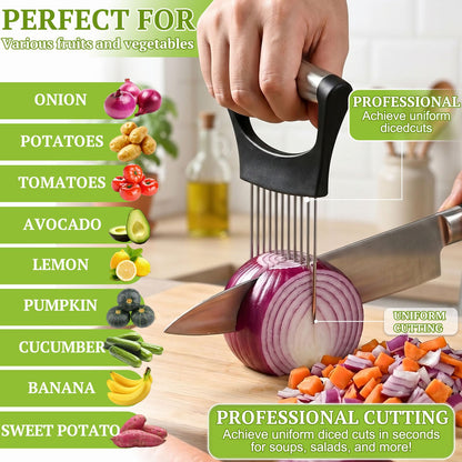 JAYVAR Onion Holder for Slicing, Stainless Steel Onion Slice Holder with 10 Long Needles, Onions Cutter Vegetable Chopper, Onions Chopper Tool, Food Slicing Guide for Neat Slicing,Tomato Potato Cutter