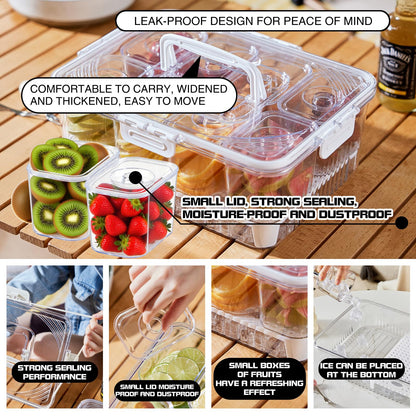 FZBJS Chilled Snackle Box Container with Ice Tray - 8 Compartment Serving Tray with Lid & Handle, Leak-Proof & Odor-Free Snack Box, Portable Cold Food Platter for Picnic, Party, Travel, Road Trip