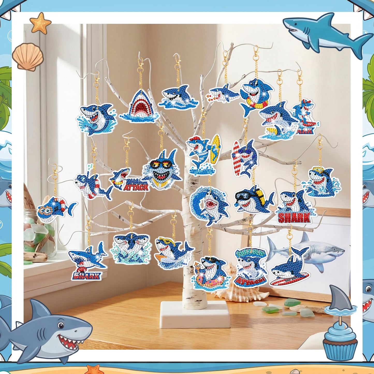 Huquary 30 Pcs Summer Diamond Art Keychains Shark Diamond Art Kits for Aldults Double Sided 5d Rhinestones Ocean Animal Beach Hanging Key Chains Ornaments for Beginners DIY Crafts Party