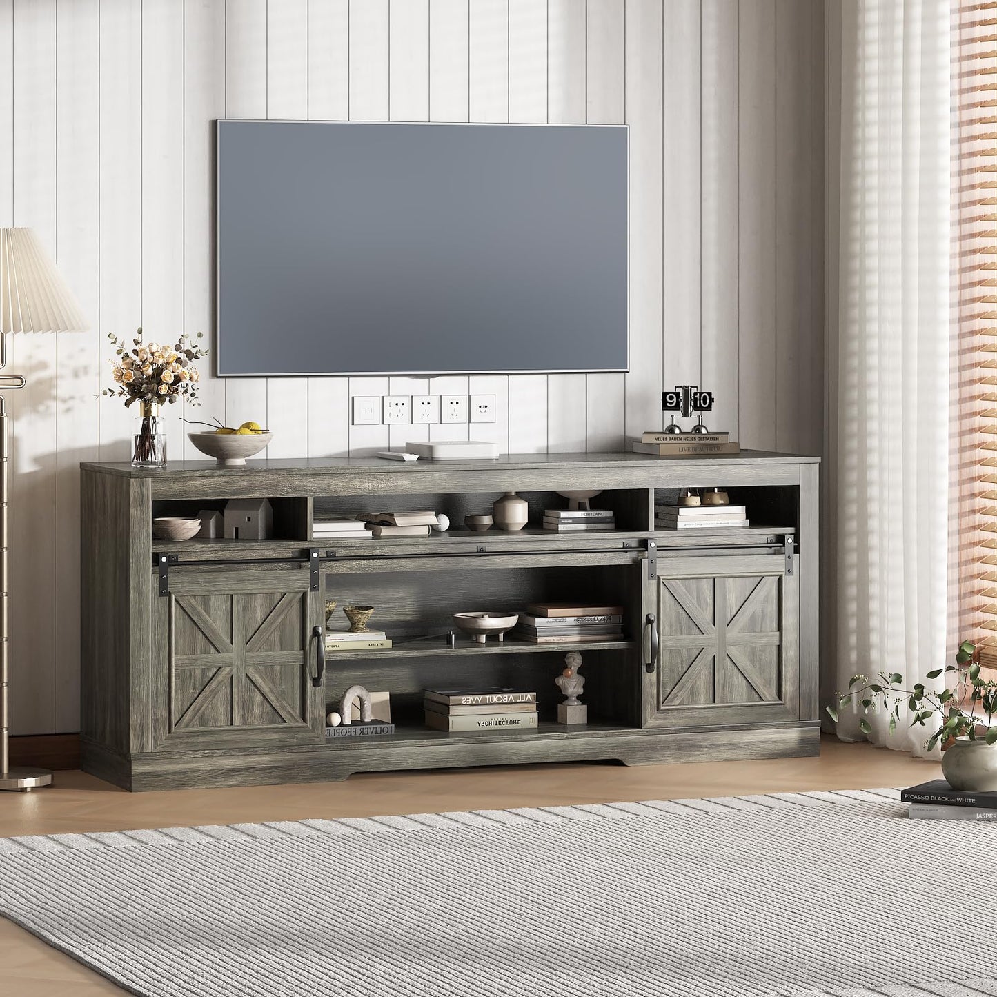 GarveeTech Modern Oak TV Stand for 75 Inch TVs - Sliding Barn Doors, Adjustable Shelves, Open Storage, Power Outlets - Media Console Table for Living Room or Office - Oak