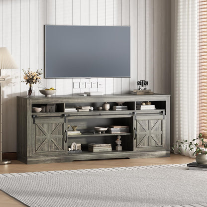 GarveeTech Modern Oak TV Stand for 75 Inch TVs - Sliding Barn Doors, Adjustable Shelves, Open Storage, Power Outlets - Media Console Table for Living Room or Office - Oak