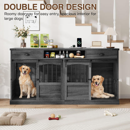 Homiflex 72" Double Dog Crate Furniture with Storage for 2 Medium Large Dogs Farmhouse Wooden Dog Kennel Furniture with 2 Sliding Doors Divider & Power Outlet Decorative Dog Cage TV Stand Grey