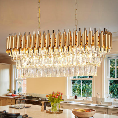 A AXILIXI Modern Rectangular Chandelier Gold Crystal Chandeliers for Dining Room 8-Light Linear Ceiling Pendant Light Long 32” Luxury Oval Chandelier for Kitchen Island Living Room