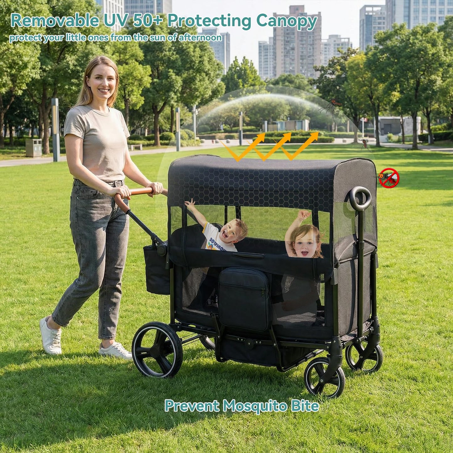 Voupou Wagon Stroller for 2 Kids,Push Pull Wagon with Adjustable Handle, Folding Wagon with Canopy & Mosquito Net, All-Terrain Wheels,Cup Holder & Snack Tray,Storage&Mom Bag,for Camping Beach Travel