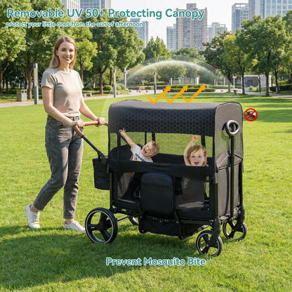 Voupou Wagon Stroller for 2 Kids,Push Pull Wagon with Adjustable Handle, Folding Wagon with Canopy & Mosquito Net, All-Terrain Wheels,Cup Holder & Snack Tray,Storage&Mom Bag,for Camping Beach Travel