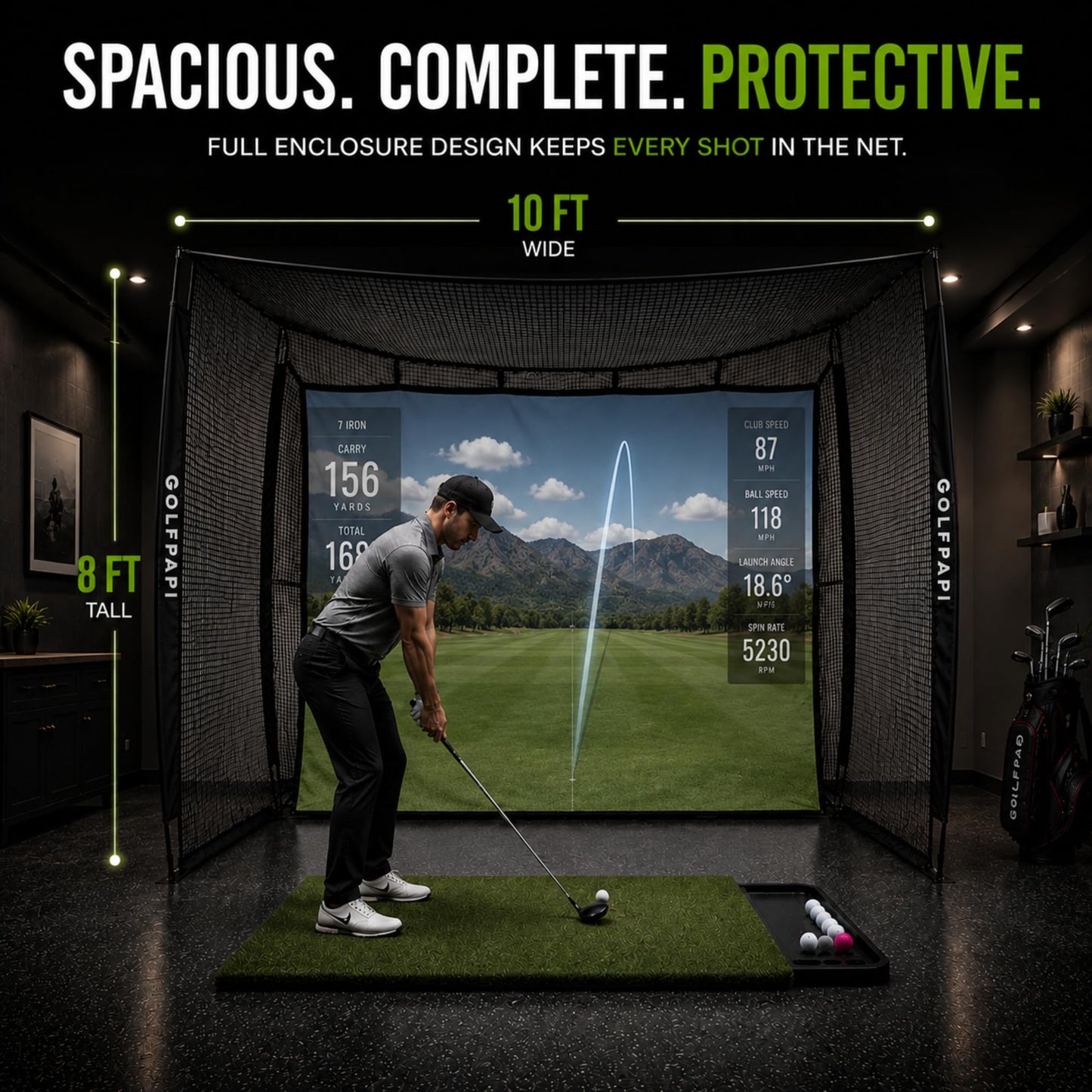 GOLF PAPi Mobile Golf Simulator Net – 10ft Compact Practice Net with Steel Frame & Impact Screen – Indoor & Outdoor Golf Training for Backyard, Garage & Home Sim Setup