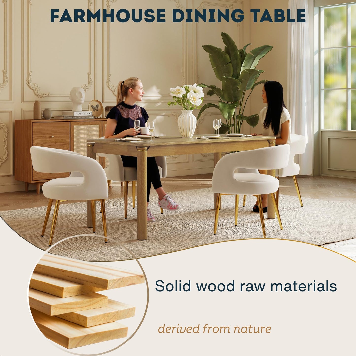 Hyfirm Solid Wood Dining Table for 4-6, 63 Inch Mid Century Modern Rectangular Kitchen Table with Gold Ring Decoration, Farmhouse Dinner Table for Dining Room/Home Office/Restaurant, Natural