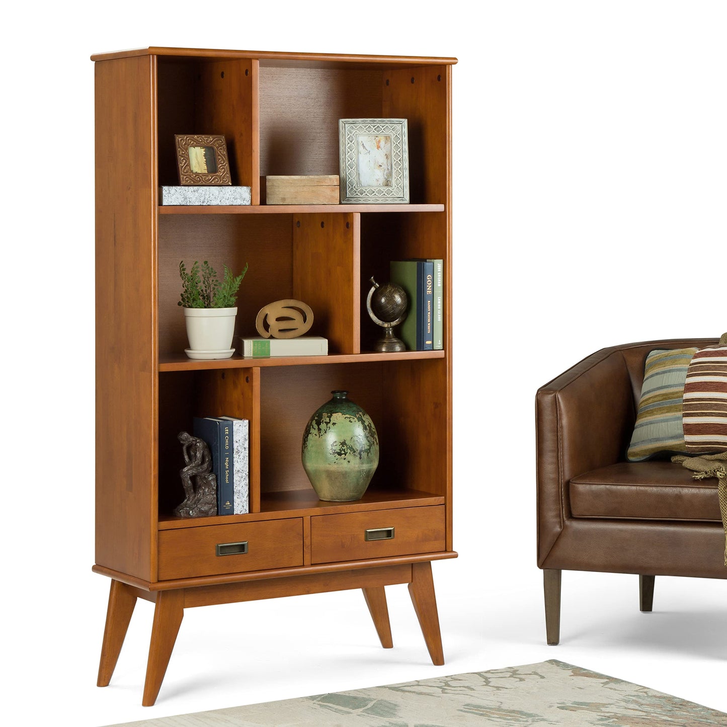 SIMPLIHOME Draper Bookcase - 64 inch Tall Solid Wood Wide Storage Bookshelf in Teak Brown, Mid-Century Modern Storage for Living Room, Study Room or Office with Adjustable Shelves and Tapered Legs