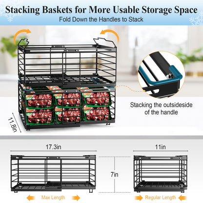 OdoVow Freezer Organizer Bins, 2 Packs Large Expandable Stackable Chest Freezer Containers with Handle, Metal Adjustable Storage Baskets for Fridge, Deep Freezer, Cabinet, Kitchen, Pantry - Black