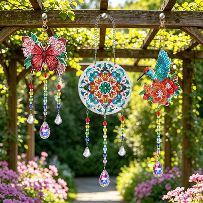 Dqwtb 3pcs Diamond Art Kits for Kids Teens Adults Double-Sided DIY Diamond Painting Hanging Ornaments with Crystal Prisms Butterfly Hummingbird Mandala Sun Wind Chimes for Home Garden Decor