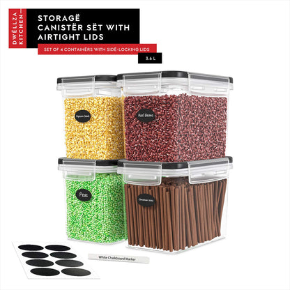 DWËLLZA KITCHEN Flour Sugar Storage Containers Set of 4; 3.6L Plastic Airtight Food Storage Containers with Lids for Kitchen Pantry Organization and Storage - Dry Food Containers, Labels & Marker