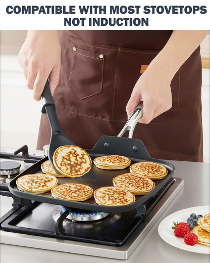 Cooks Standard Nonstick Square Griddle Pan 11 x 11-Inch, Hard Anodized Cookware Griddle Pan, Black