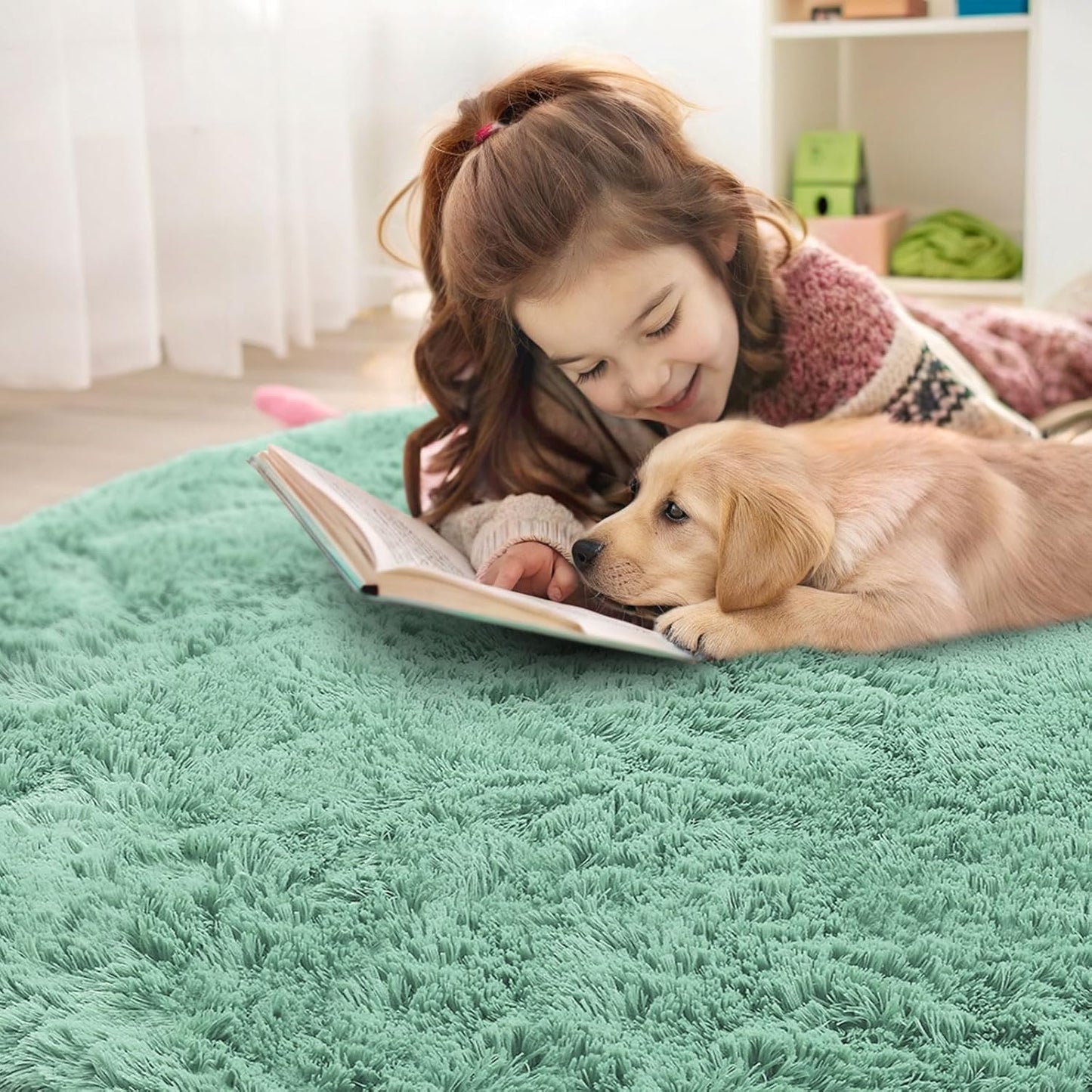 OLANLY Mint Green Round Rug - Soft, Fluffy Shaggy Carpet | 8 ft Machine Washable Area Rug for Bedroom & Living Room Decor