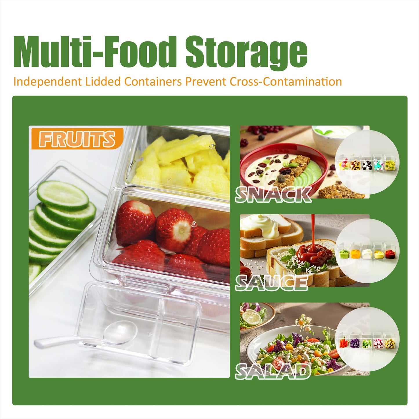 IVYHOME Chilled Condiment Server, Taco Bar Serving Set, Versatile Ice Containers, with 5 Lidded Containers and Detachable Ice Storage Layer, 2 Hanging Cups for Storing Tong and Forks